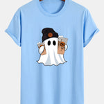 Regular Fit Halloween Ghost Coffee Print Cotton T-Shirt