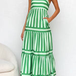 Margovil Spaghetti Strap Tiered Color Block Striped Maxi Dress