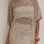 Crewneck Half Sleeves Crochet Hollow Out Sequin Top