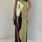 Strapless Color Block Printed Maxi Party Dress