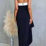 Strapless Draped Slit Color Block Maxi Dress