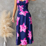 Adjustable Strap Back Lace-up Floral Print Midi Dress