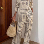 Margovil Cactus Print Lapel Long Sleeves Shirt Elastic Waist Wide Leg Pants Set