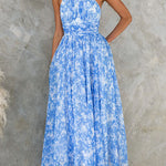 Bow Neck Halter Backless Floral Print Maxi Dress