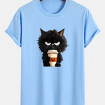 Regular Fit Black Cat Drinking Coffee Print Cotton T-Shirt