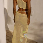 Luxe Knit Crochet Handmade Flower Beaded Waist Stretch Maxi Skirt