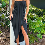 BLACK STRAPLESS RUCHED DRESS