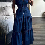 High Waisted Loose Buttoned Elasticity Pleated Pockets Solid Color Lapel Maxi Dresses