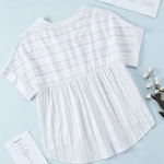 Striped Print Loose Fit V Neck Short Sleeve Blouse