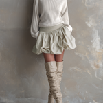 Women's Elegant White Knitted Turtleneck Long-sleeved Top Paired With A Woven Flared Short Skirt