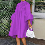 Urban Buttoned Solid Color Stand Collar Flared Sleeve Loose Midi Dress