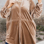Khaki Casual Button Down Plus Size Velvet Shirt