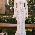 Floral Lace Off Shoulder Flare Sleeve Fishtail Maxi Dresses-White