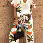 High Waisted Loose Drawstring Elasticity Printed Split-Joint Pants Trousers