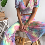 Floral Print V Neck Short Sleeves Crop Top Elastic Waist Wide Leg Pants Set