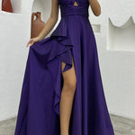 Perfect Soiree Crossover Neck Back Tie-up Ruffles Slit Maxi Dress