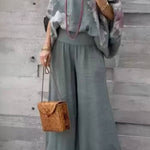 V-neck cotton and linen printed top and trousers casual suit