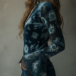 Retro Blue Floral  Velvet Lace Blouse With Bell Sleeves
