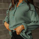 Smoke Green Waffle Patchwork Drop Sleeve Henley Top