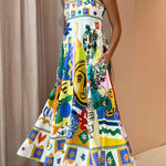 Joyful Glow Goddess Linen Blend Unique Print Pocketed Smocked Back Midi Dress