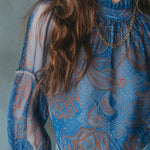 Vintage Pleated Neck Ruffle Cuffs Paisley Chiffon Blouse