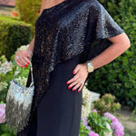 Party Favors Sequin One Shoulder Ruffle Detail Wide Leg Evening Jumpsuit