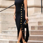 Loose Sleeveless Solid Color Split-side Shawl Collar Maxi Dresses