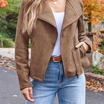 Zip Up Pocketed Faux Suede Moto Jacket