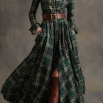 French retro waist long sleeve chiffon dress