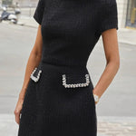 Exquisite and Playful Tweed Fabric Pearl Trim Short Sleeve Pocketed Mini Dress