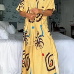 Helia Linen Blend Unique Print Drawstring Waist Kaftan Maxi Dress