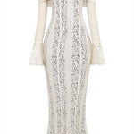 Floral Lace Off Shoulder Flare Sleeve Fishtail Maxi Dresses-White