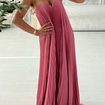 Strapless V Neck Pleated Swing Maxi Party Dress