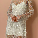 Long Sleeves Shinny Pearls Sequin Beaded Mesh Dress
