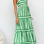 Margovil Spaghetti Strap Ruffle Tiered Color Block Striped Maxi Dress