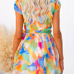Wrap V Neck Tie Waist Printed Ruffle Mini Dress