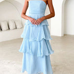 Margovil Strapless Empire Waist Ruffle Layered Maxi Dress