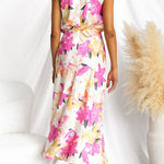 Mockneck Sleeveless Floral Print Satin Maxi Dress