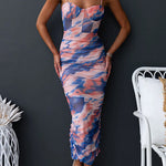Spaghetti Strap Ruched Back Slit Printed Bodycon Midi Dress