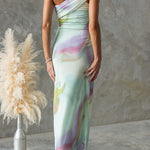 One Shoulder Watercolor Swirl Maxi Bodycon Dress