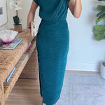 Mockneck Short Sleeves Waisted Side Slit Midi Dress