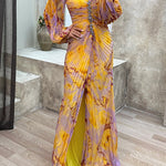Margovil Off Shoulder Lantern Long Sleeves Printed Slit Pleated Maxi Dress