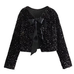Margovil Long Sleeves Bow Detail Shiny Sequin Top