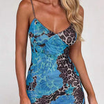 Margovil V Neck Color Block Leopard Print Maxi Cami Dress