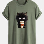 Regular Fit Black Cat Drinking Coffee Print Cotton T-Shirt