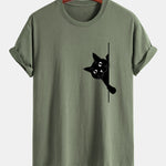 Regular Fit Black Cat Print Cotton T-Shirt