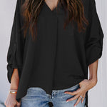Margovil V Neck Roll Up Long Sleeves Blouse Shirt