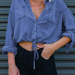 Margovil Long Sleeves Drawstring Hem Cropped Denim Shirt