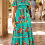Margovil Off Shoulder Bow Waist Floral Print Ruffle Tiered Maxi Dress