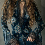 Retro Blue Floral  Velvet Lace Blouse With Bell Sleeves